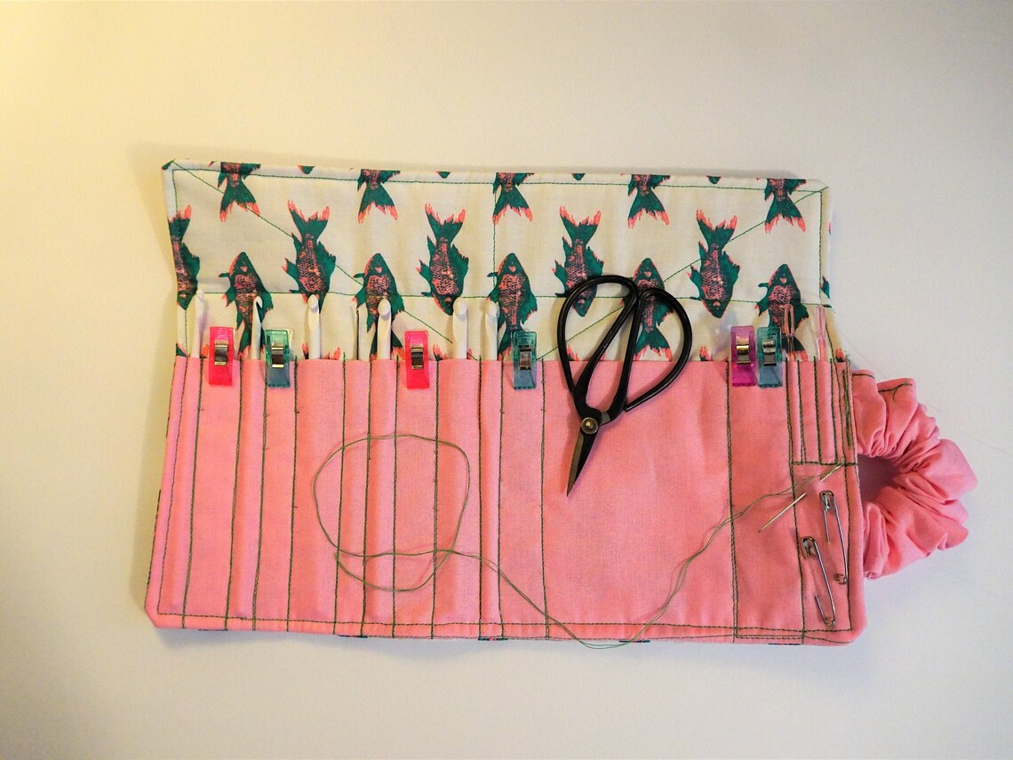 Crochet Hook Roll Fabric Case Fish Print Organizer Ready Etsy