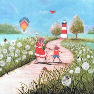 May include: Two mice on roller skates are skating down a path lined with white dandelions. A red airplane flies overhead, and a hot air balloon floats in the blue sky. A red and white striped lighthouse stands on a hill in the background.