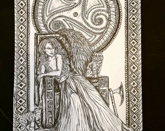 Freya, Norse Goddess of Love, A4 Pen and Ink Illustration Print