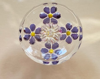 Vintage Clear Glass Button. Painted Back Purple Flowers.