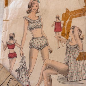 May include: Vintage sewing pattern featuring illustrations of women's lingerie. The pattern includes a bra, shorts, and a nightgown, all adorned with floral prints and lace trim. The pattern is labeled "WEIGEL'S" and includes the number "2261".