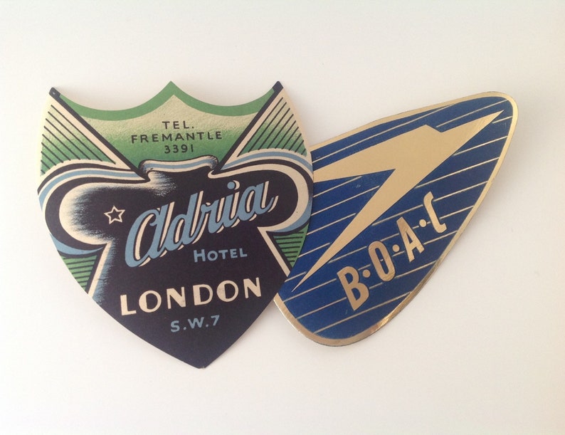 2 Original Vintage Luggage Labels. B.O.A.C. Aldria Hotel. image 1