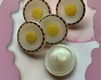 Vintage Glass Flower Button. White with Yellow Centre and Gold Edge.