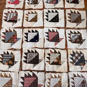 May include: A collection of sixteen square fabric quilt blocks arranged in a four-by-four grid. Each block features a bear claw pattern constructed from various cotton fabrics in assorted colours, including red, brown, black, and white, with floral and plaid prints.