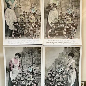 4 French Antique Postcards. Hand Tinted. Floral Cart.