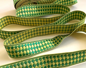 Pale Gold and Green Silky Ribbon. Diamond Pattern.