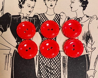 Set of 6 Vintage Glass Buttons. Sew Through. Pillar Box Red.