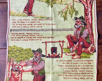 Australian Vintage Tea-towel - Waltzing Matilda. Greetings from Wodonga - Pure Linen