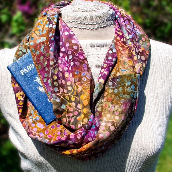 Infinity Scarf with Pocket, Rayon Batik Scarf in Plum/Violet/Peach, Summer Scarf, Hidden Pocket Scarf, Infinity Scarf, Lightweight Scarf