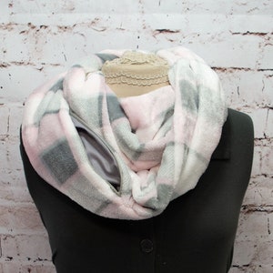 Infinity Scarf with Pocket, Minky Pocket Scarf, Plaid scarf,  Pink and Grey Buffalo Check Scarf, Hidden pocket scarf, Infinity Scarf