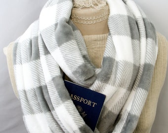Minky Fleece Infinity Scarf with Hidden Zipper Pocket - Grey Buffalo Plaid