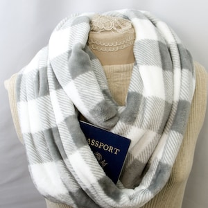 Infinity Scarf with Pocket, Minky Pocket Scarf, Plaid scarf, Grey Buffalo Check Scarf, Hidden pocket scarf, Infinity Scarf