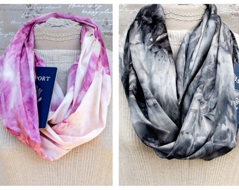 Infinity Scarf with Pocket, Silky Scarf, Summer Scarf, Hidden Pocket Scarf, Infinity Scarf, Lightweight Scarf, Pink and Black