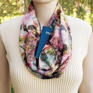 Floral Rayon Infinity Scarf with Hidden Pocket: Fall colors Travel Scarf