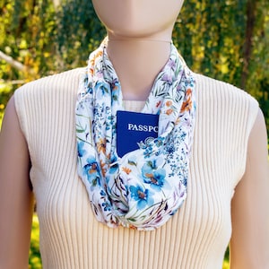 Floral Infinity Scarf with Hidden Pocket: Crinkle Rayon Travel Scarf