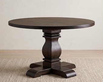 Runder Esstisch aus massivem Ahorn mit gedrechseltem Balusterfuß und handgeriebenem Espresso-Finish
