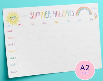 A2 Kids Summer Holiday Calendar, Rainbow Printable Planner (Digital Download)