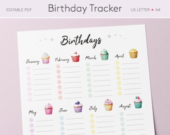 Modèle imprimable de suivi d’anniversaire | Planificateur d’anniversaire imprimable | Calendrier d’anniversaire PDF modifiable | Rappel d'anniversaire | Organisateur d'anniversaire