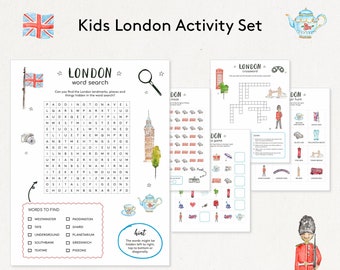 May include: A printable activity set for kids featuring London landmarks. The set includes a word search, crossword puzzle, maze, sequence game, and scavenger hunt. The activities are illustrated with watercolor images of London landmarks, including Big Ben, a red double-decker bus, and a red telephone booth.
