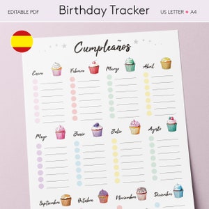 Birthday Tracker Spanish version | Rastreador de cumpleaños | Spanish editable PDF printable Birthday Calendar | Cumpleaños calendario