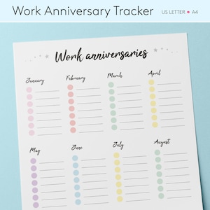 Plantilla imprimible de aniversario de trabajo / Rastreador de aniversario de empleados / Calendario de aniversario de trabajo / Rastreador de aniversario de empleados / Plantillas de recursos humanos