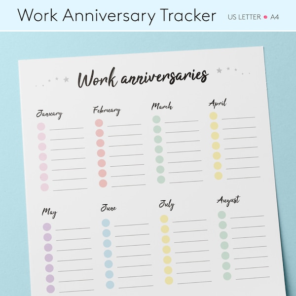 Work Anniversary Printable Template | Employee anniversary tracker | Work anniversary calendar | Employee anniversary tracker | HR Templates