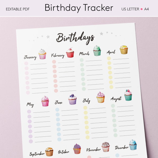 Geburtstag Tracker Druckbare Vorlage | Geburtstag Planner Printable | Bearbeitbarer PDF Geburtstagskalender | Geburtstagserinnerung | Geburtstagsorganisator