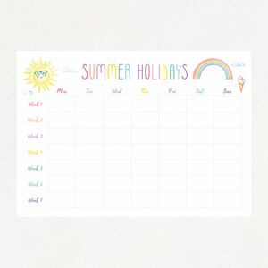May include: A printable summer holiday planner with a colorful rainbow, a smiling sun wearing sunglasses, and a cartoon ice cream cone. The planner has a grid with spaces for each day of the week, labeled "Mon", "Tue", "Wed", "Thu", "Fri", "Sat", and "Sun". The planner is divided into seven weeks.