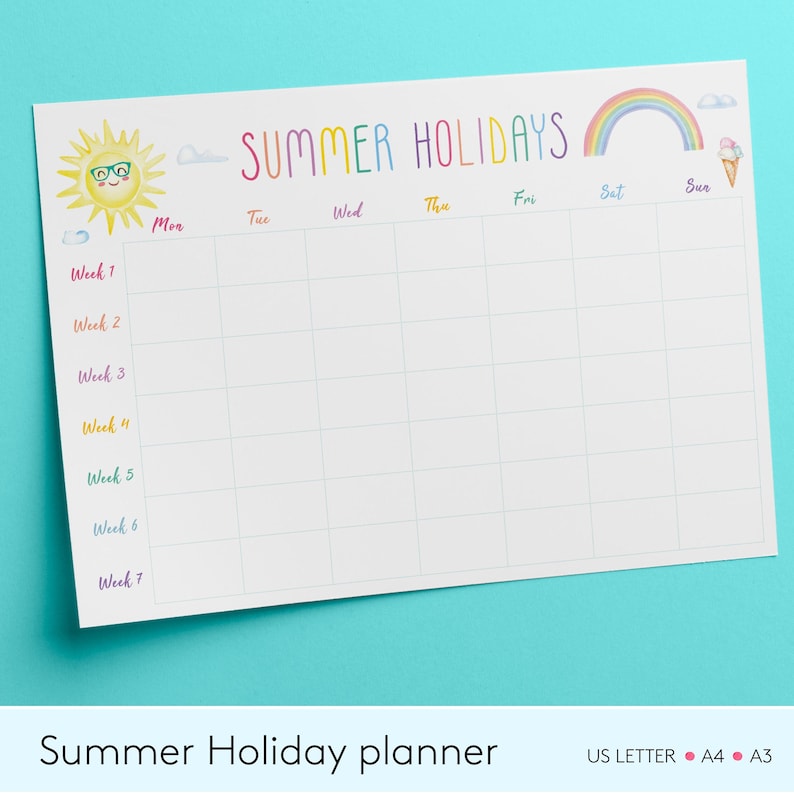 May include: A printable summer holiday planner with a colorful rainbow, ice cream cone, and a sun wearing sunglasses. The planner has a grid with spaces for each day of the week and seven weeks.
