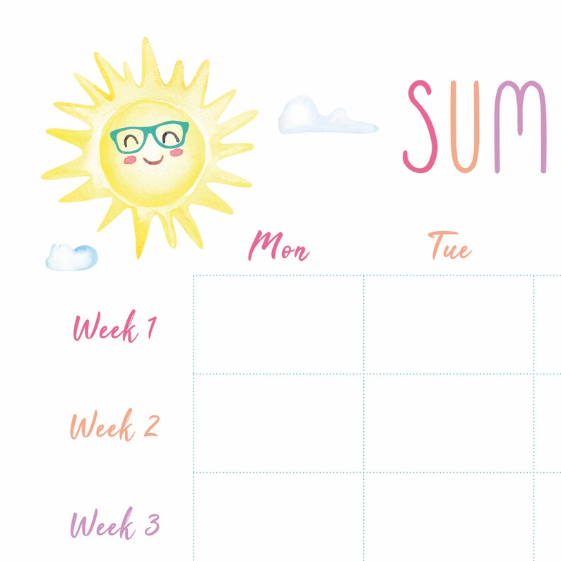 May include: A printable summer planner with a watercolor illustration of a smiling sun wearing glasses. The planner is divided into three weeks, with Monday and Tuesday columns. The word "SUM" is written in colorful letters at the top of the page.