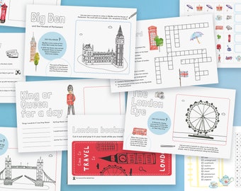 Hojas de actividades, páginas para colorear y sopas de letras para niños sobre Londres (descarga digital)