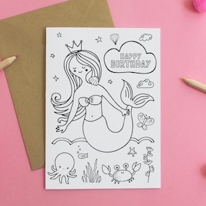 Carte de sirène | Carte sirène imprimable | Carte d'anniversaire numérique pour enfants | de coloriage joyeux anniversaire | Carte à colorier imprimable | Carte DIY