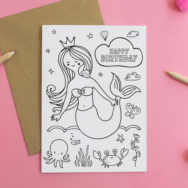 Mermaid card | Printable mermaid card | Digital kids birthday card | Happy Birthday Coloring Card | Printable coloring card | DIY Card