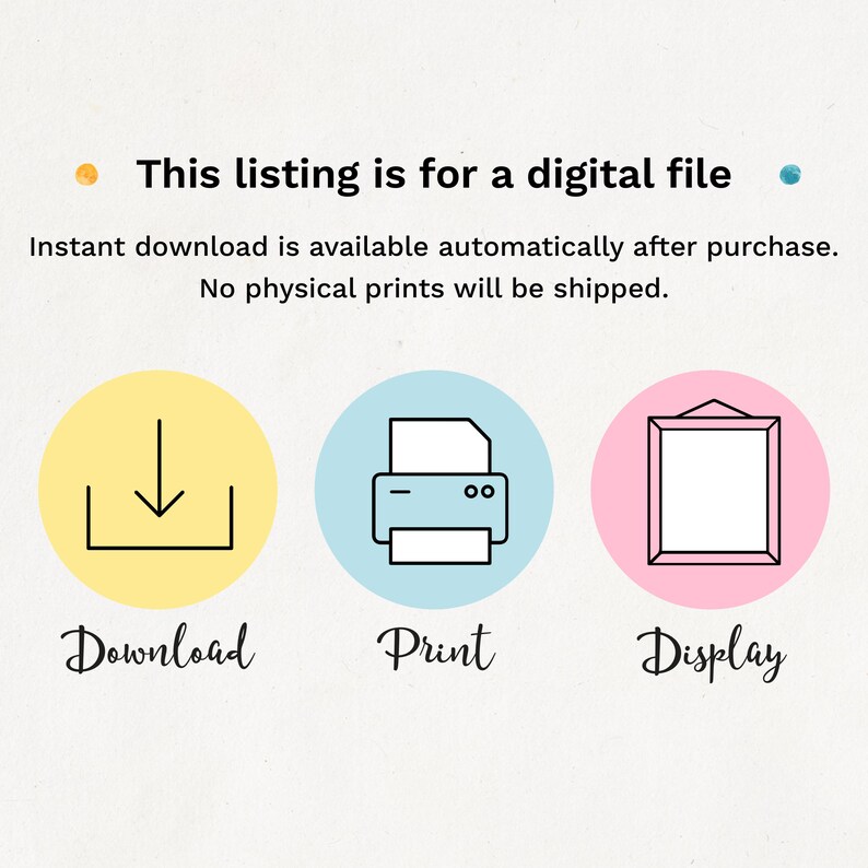 May include: Illustration of three steps for a digital download: a yellow circle with a download icon, a blue circle with a printer icon, and a pink circle with a picture frame icon. The text below each icon reads "Download", "Print", and "Display".
