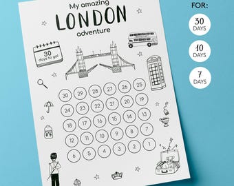 May include: A black and white printable countdown calendar for a London trip. The calendar features a London bridge, a red double-decker bus, a red telephone booth, and other London-themed icons. The calendar includes countdowns for 30, 10, and 7 days.