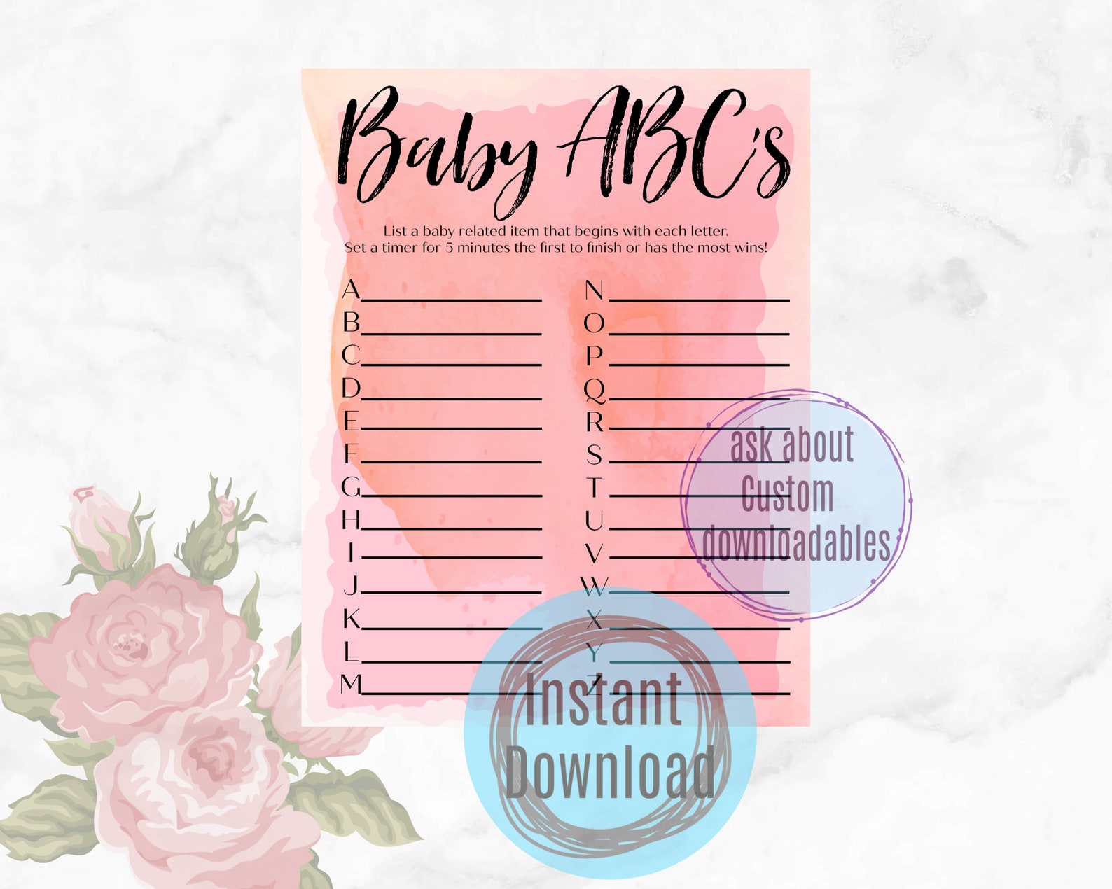 Abc Baby Shower Game Printable Baby Shower Games Custom | Etsy