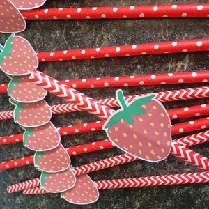 May include: Red and white striped paper straws with red strawberry cutouts. The strawberries have white seeds and green stems.