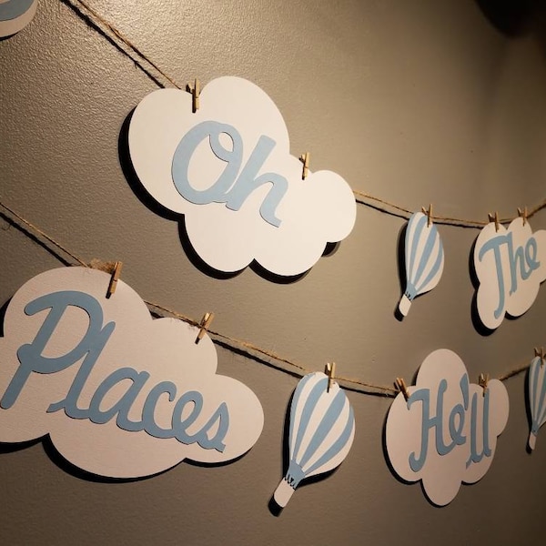 oh the places birthday, baby shower  hot air balloon decorations, cloud party decorations, shower garland, cloud banner, cloud bunting