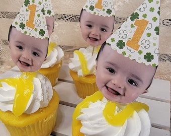 lucky one cupcake toppers, first birthday, 21st,30th,50th, St. patty&#39;s birthday decoration, Personalized Photo 12 count, shamrock, clover