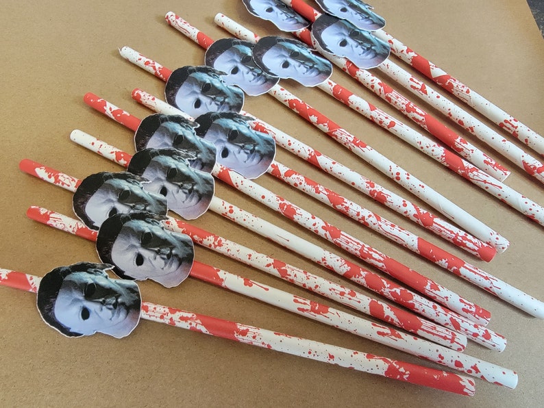 Halloween party décor, Michael Myers horror party decorations, killer birthday party, paper straws, Halloween party decorations. image 5