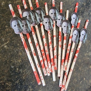 Halloween party décor, Michael Myers horror party decorations, killer birthday party, paper straws, Halloween party decorations.