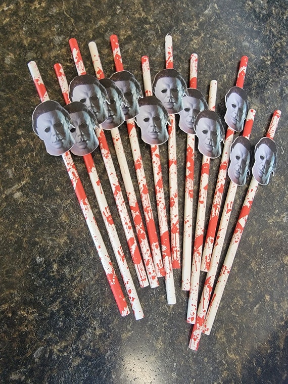 Halloween party décor, Michael Myers horror party decorations, killer birthday party, paper straws, Halloween party decorations.