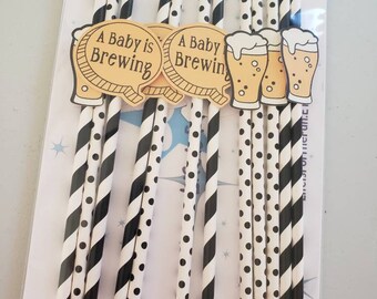 May include: A package of black and white striped and polka dot paper straws with "A Baby is Brewing" and beer mug cutouts.
