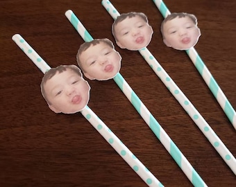 Custom face paper straws, 12 pieces,  customized birthday decorations, personalized party decorations, your face on a straw, Friends head