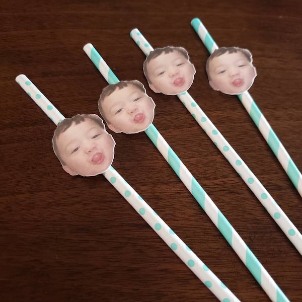 Custom face paper straws, 12 pieces,  customized birthday decorations, personalized party decorations, your face on a straw, Friends head