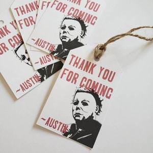 Halloween party decorations, horror themed birthday, Micheal myers birthday party, horror party gift tags,