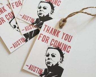 Halloween party decorations, horror themed birthday, Micheal myers birthday party, horror party gift tags,