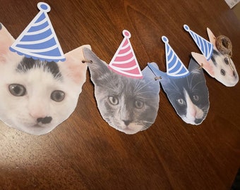 May include: A birthday banner with four cat faces wearing party hats. The cats are white with black markings, gray with white markings, and black with white markings. The hats are blue and white, pink and white, and blue and white.