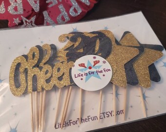 new years cupcake toppers, 2020 tood picks, NYE decorations, cheers party supplies, glitter cupcake toppers