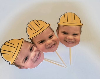 Custom face cupcake toppers, digging being 2, construction themed party,  first birthday, 21st,30th,50th,